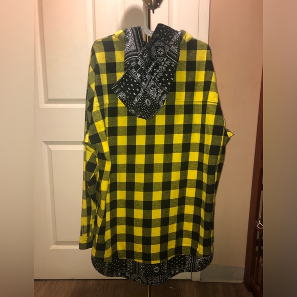 NWT Fashion Nova Plaid Double Layer Woven Hoodie Yellow/Combo - Picture 2 of 11
